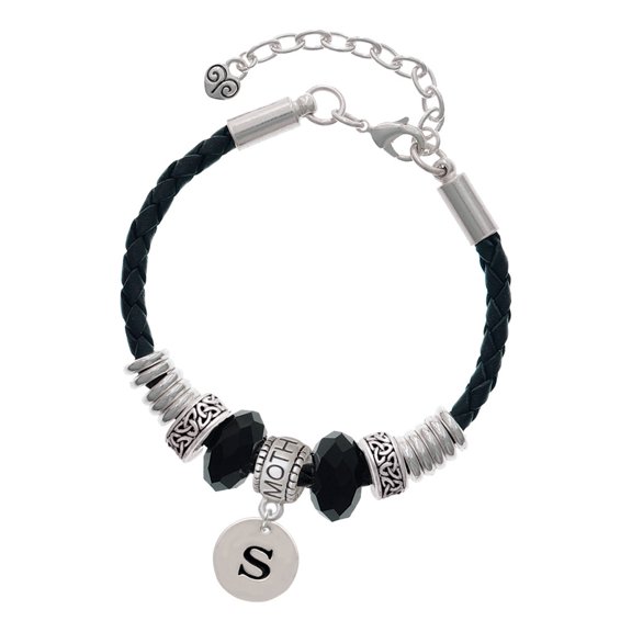 Delight Jewelry Silvertone Disc 1/2'' Initial - s - Mother Celtic Knot Leather Bead Bracelet, 7"+2" Extender