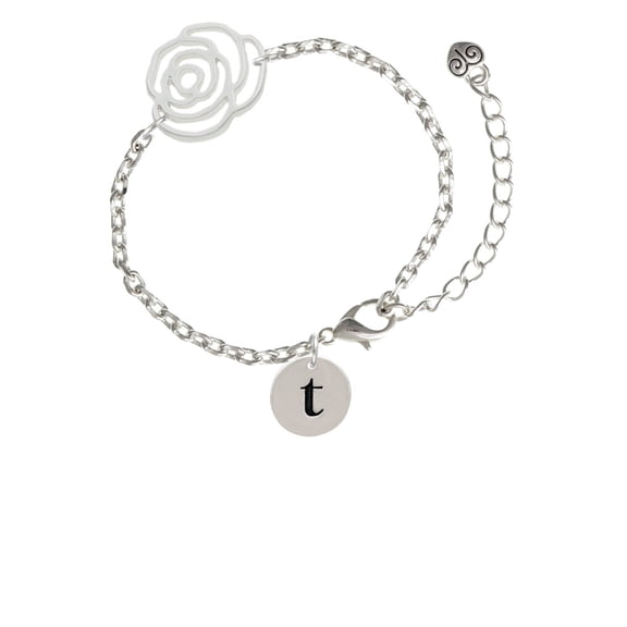 Delight Jewelry Silvertone Disc 1/2'' Initial - t - Silver-tone Flower Link Chain Bracelet, 6.75"+2" Extender