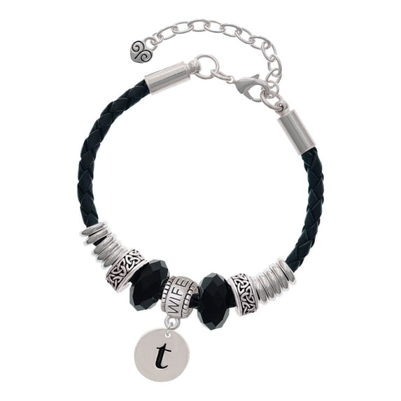 Delight Jewelry Silvertone Disc 1/2'' Initial - t - Wife Celtic Knot Leather Bead Bracelet, 7"+2" Extender