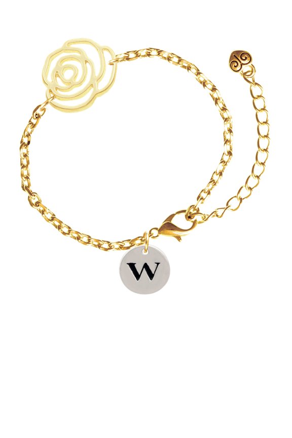 Silvertone Disc 1/2'' Initial - w - Gold-tone Flower Link Chain Bracelet, 6.75"+2" Extender