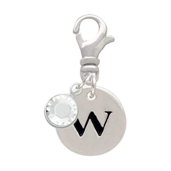 Delight Jewelry Silvertone Disc 1/2'' Initial - w - - Silvertone Clip on Charm with Clear Crystal Drop