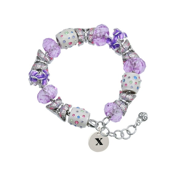 Delight Jewelry Silvertone Disc 1/2'' Initial - x - Purple Butterfly Bead Charm Bracelet, 7"+1" Extender