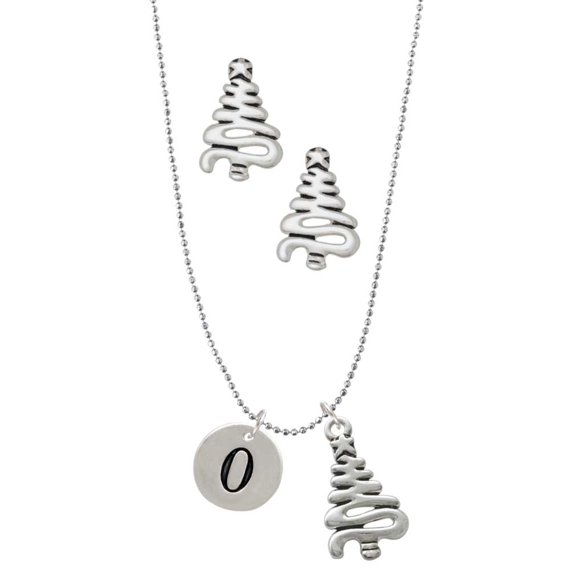 Delight Jewelry Silvertone Disc 1/2'' Number - 0 - Silver tone Zig Zag Christmas Tree Charm Necklace and Stud Earrings