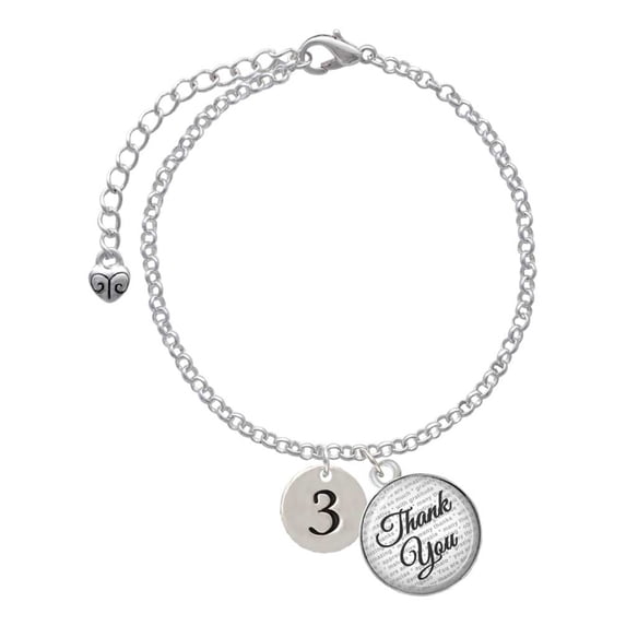 Delight Jewelry Silvertone Disc 1/2'' Number - 3 - Domed Thank You Charm Bracelet, 6"+2"