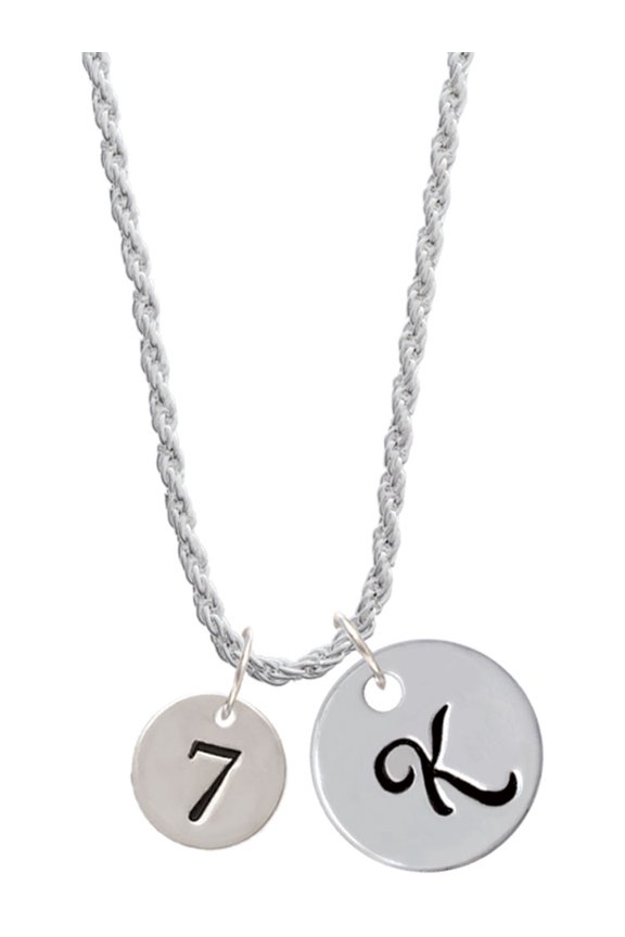Silvertone Disc 1/2'' Number - 7 - Silvertone Script Initial Disc - K - Charm Necklace, 20"+3"