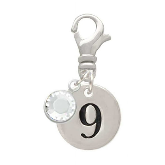 Delight Jewelry Silvertone Disc 1/2'' Number - 9 - - Silvertone Clip on Charm with Clear Crystal Drop