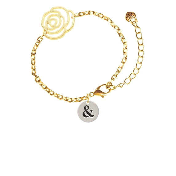 Delight Jewelry Silvertone Disc 1/2'' - Symbol - Ampersand - & - Gold-tone Flower Link Chain Bracelet, 6.75"+2" Extender