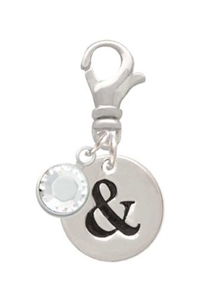 Silvertone Disc 1/2'' - Symbol - Ampersand - & - - Silvertone Clip on Charm with Clear Crystal Drop