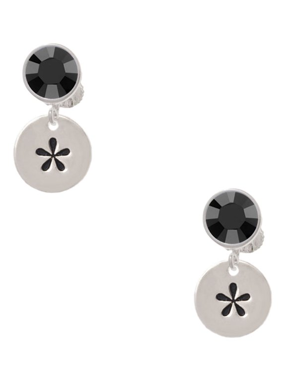 Silvertone Disc 1/2'' - Symbol - Asterisk - * - Black Crystal Clip on Earrings