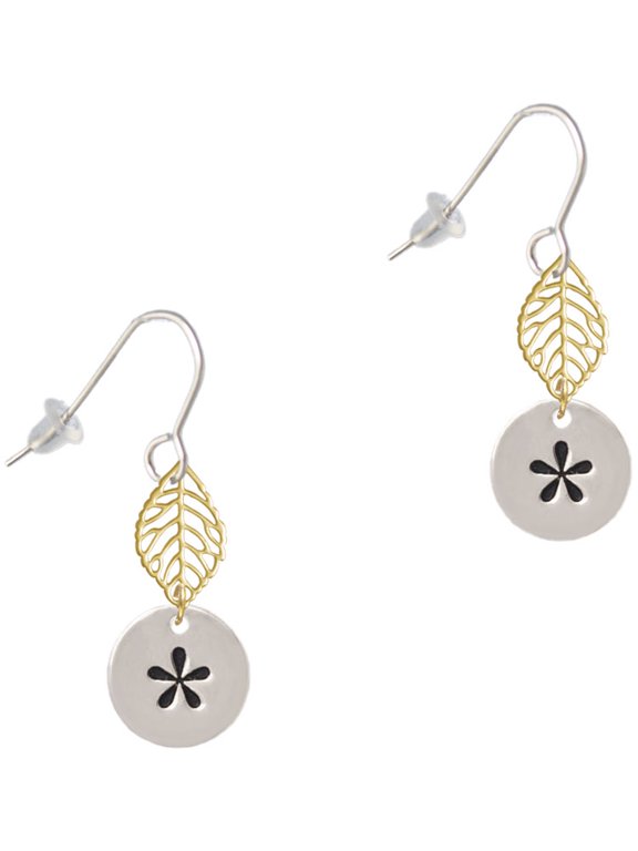 Silvertone Disc 1/2'' - Symbol - Asterisk - * - Goldtone Leaf French Earrings