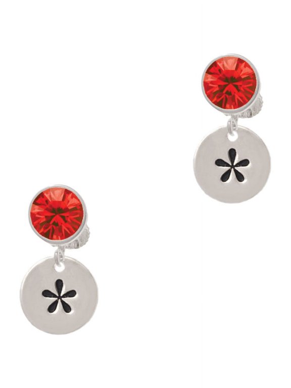 Silvertone Disc 1/2'' - Symbol - Asterisk - * - Red Crystal Clip on Earrings