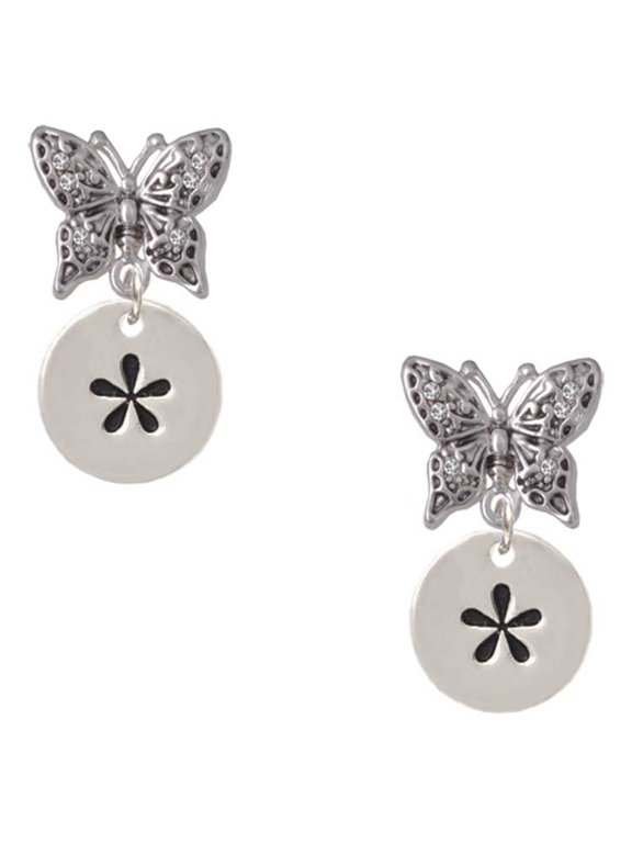 Silvertone Disc 1/2'' - Symbol - Asterisk - * - Silvertone Antiqued Butterfly Post Earrings
