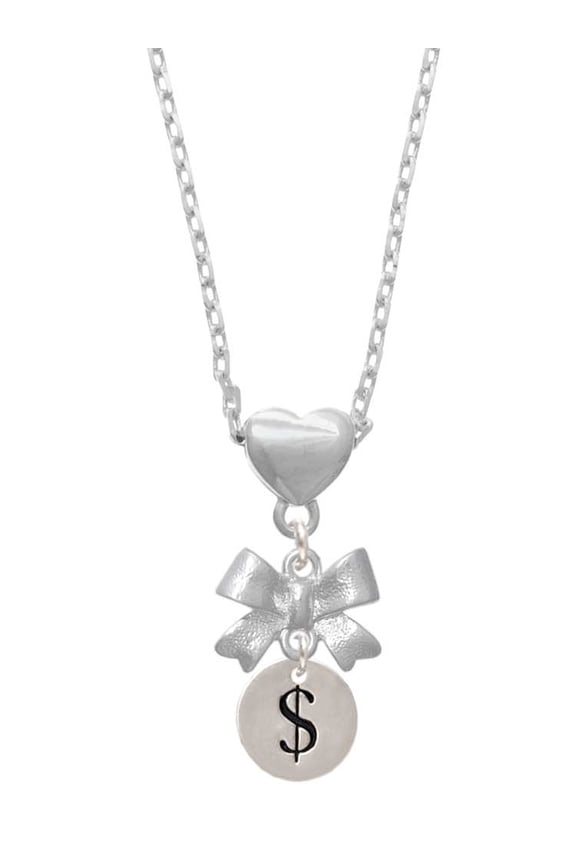 Silvertone Disc 1/2'' - Symbol - Dollar Sign - $ - Silver tone Bow Heart Necklace