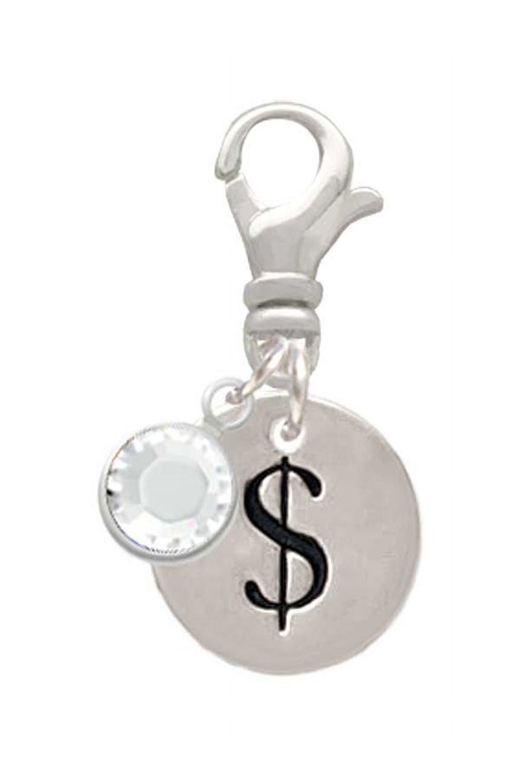 Silvertone Disc 1/2'' - Symbol - Dollar Sign - $ - - Silvertone Clip on Charm with Clear Crystal Drop