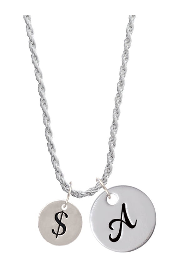 Silvertone Disc 1/2'' - Symbol - Dollar Sign - $ - Silvertone Script Initial Disc - A - Charm Necklace, 20"+3"