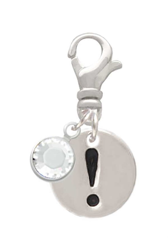 Silvertone Disc 1/2'' - Symbol - Exclamation Point - ! - - Silvertone Clip on Charm with Clear Crystal Drop