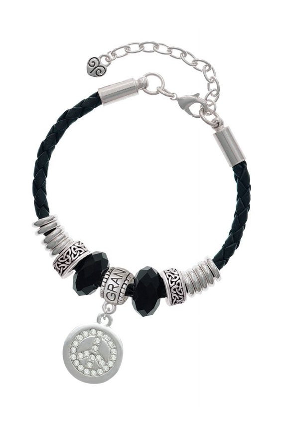 Silvertone Disc with Crystal Peace Sign Grandmother Celtic Knot Leather Bead Bracelet, 7"+2" Extender