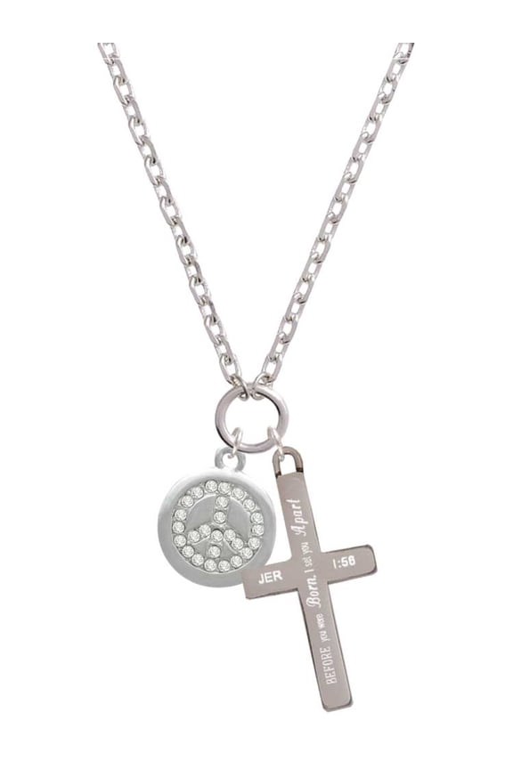 Silvertone Disc with Crystal Peace Sign I Set You Apart Engraved Cross Zoey Necklace, 28"