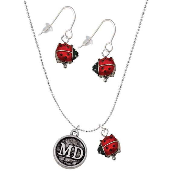 Delight Jewelry Silvertone Doctor Caduceus Seal - MD Red Lucky Ladybug Necklace and Dangle Earrings Set