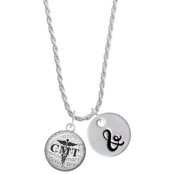 Delight Jewelry Silvertone Domed Black CMT Silvertone Script Initial Disc - & - Charm Necklace, 20"+3"