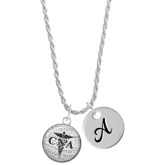 Delight Jewelry Silvertone Domed Black CNA Silvertone Script Initial Disc - A - Charm Necklace, 20"+3"