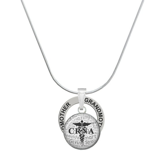 Delight Jewelry Silvertone Domed Black CRNA Silvertone Grandmother Ring Charm Necklace, 18"