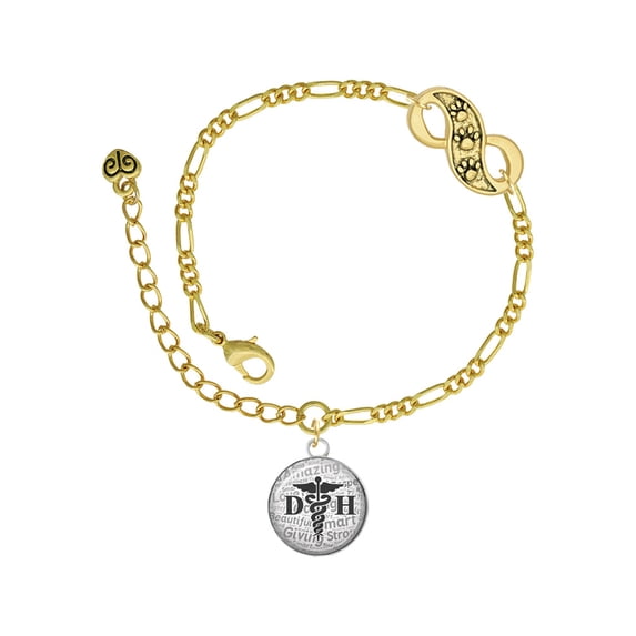Delight Jewelry Silvertone Domed Black DH Gold-tone Paw Infinity Link Chain Bracelet, 6"+2" Extender