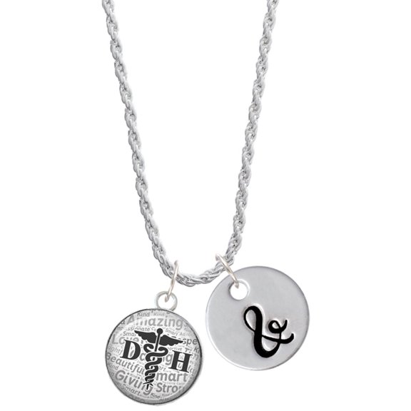 Delight Jewelry Silvertone Domed Black DH Silvertone Script Initial Disc - & - Charm Necklace, 20"+3"