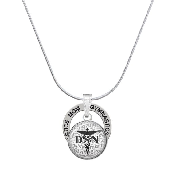 Delight Jewelry Silvertone Domed Black DSN Gymnastics Mom Ring Charm Necklace, 18"