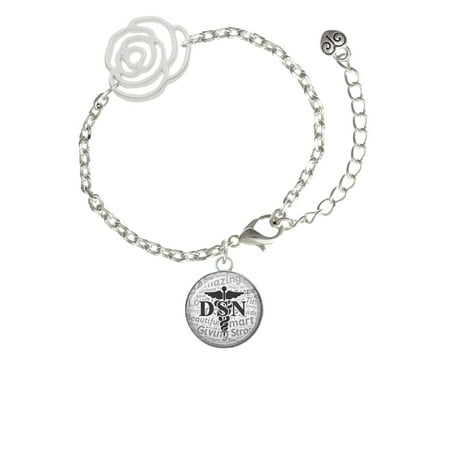 Delight Jewelry Silvertone Domed Black DSN Silver-tone Flower Link Chain Bracelet, 6.75"+2" Extender