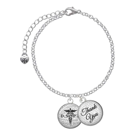 Delight Jewelry Silvertone Domed Black DScPT - Domed Thank You Charm Bracelet, 6"+2"