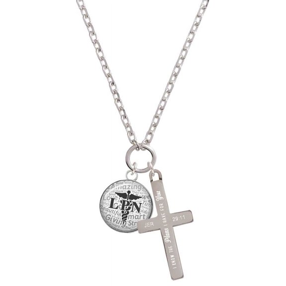 Delight Jewelry Silvertone Domed Black LPN I Have Plans for You Engraved Cross Zoey Necklace, 28"