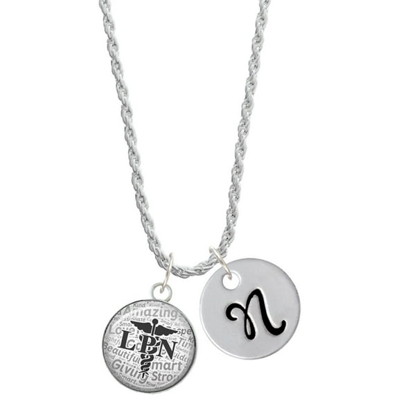 Delight Jewelry Silvertone Domed Black LPN Silvertone Script Initial Disc - N - Charm Necklace, 20"+3"