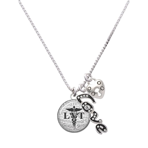 Delight Jewelry Silvertone Domed Black LVT - Love and Lock Charm Necklace, 18"+1"