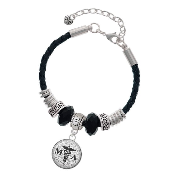 Delight Jewelry Silvertone Domed Black MA Lil Sister Celtic Knot Leather Bead Bracelet, 7"+2" Extender