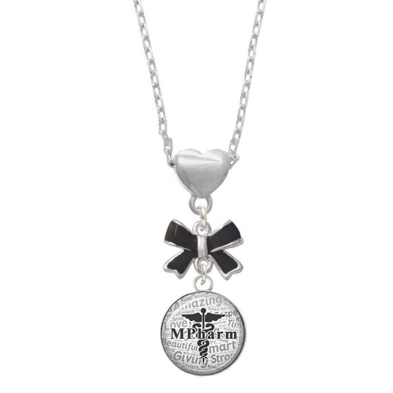 Delight Jewelry Silvertone Domed Black MPharm Black Bow Heart Necklace