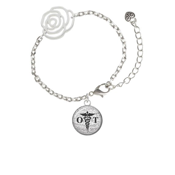 Delight Jewelry Silvertone Domed Black OT Silver-tone Flower Link Chain Bracelet, 6.75"+2" Extender