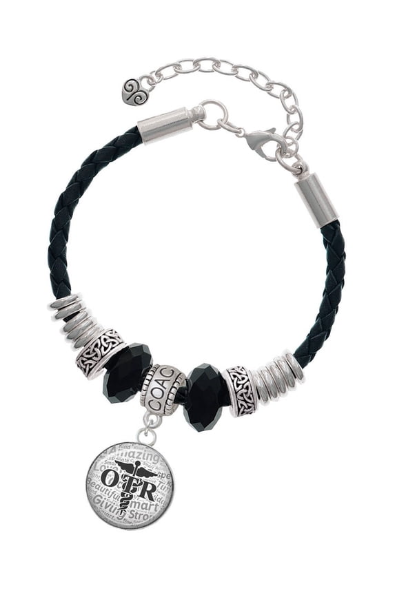 Silvertone Domed Black OTR Coach Celtic Knot Leather Bead Bracelet, 7"+2" Extender