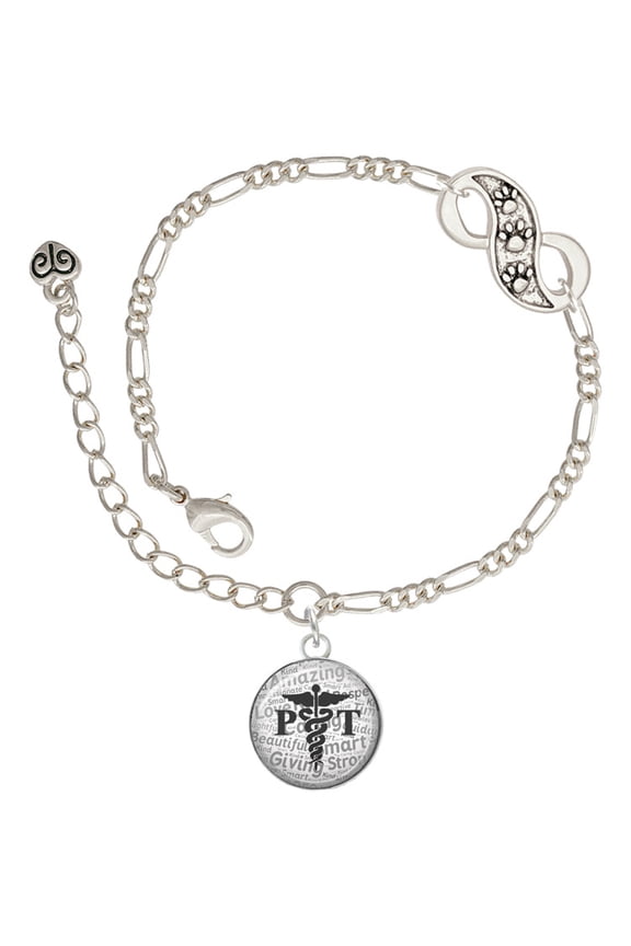 Silvertone Domed Black PT Silver-tone Paw Infinity Link Chain Bracelet, 6"+2" Extender