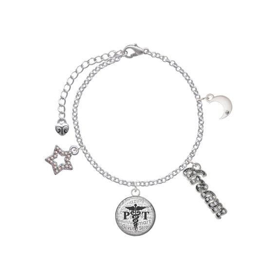 Delight Jewelry Silvertone Domed Black PT Silvertone Dream Big Charm Bracelet, 7.5+2" Extender