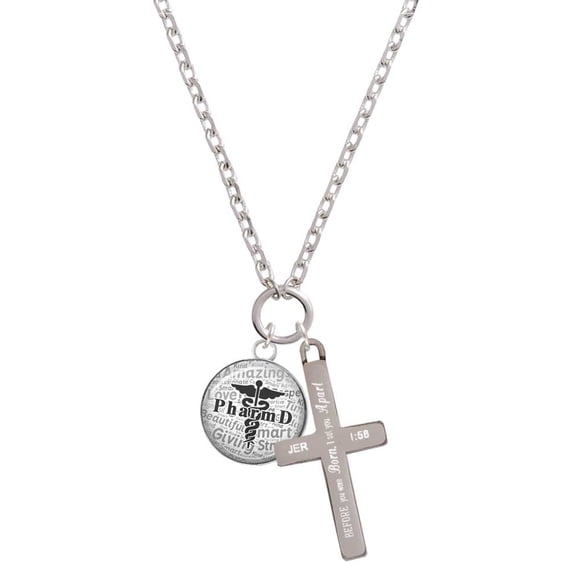 Delight Jewelry Silvertone Domed Black PharmD I Set You Apart Engraved Cross Zoey Necklace, 28"