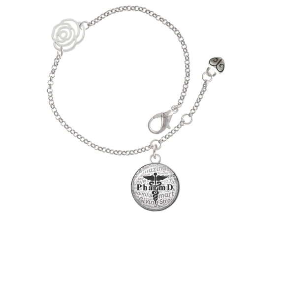 Delight Jewelry Silvertone Domed Black PharmD Silver-tone Rose Link Chain Bracelet, 6.25"+1.75" Extender