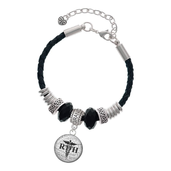 Delight Jewelry Silvertone Domed Black RDH Granddaughter Celtic Knot Leather Bead Bracelet, 7"+2" Extender