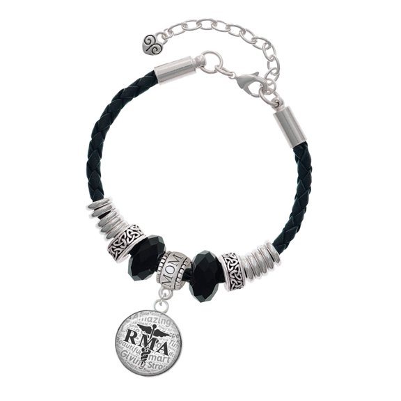 Delight Jewelry Silvertone Domed Black RMA Mom Celtic Knot Leather Bead Bracelet, 7"+2" Extender