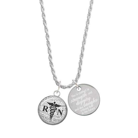 Delight Jewelry Silvertone Domed Black RN She is Clothed in Stength and Dignity Charm Necklace, 20"+3"