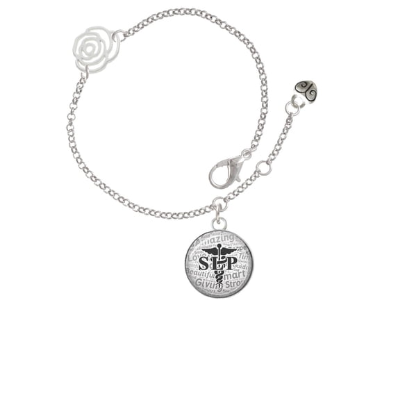 Delight Jewelry Silvertone Domed Black SLP Silver-tone Rose Link Chain Bracelet, 6.25"+1.75" Extender