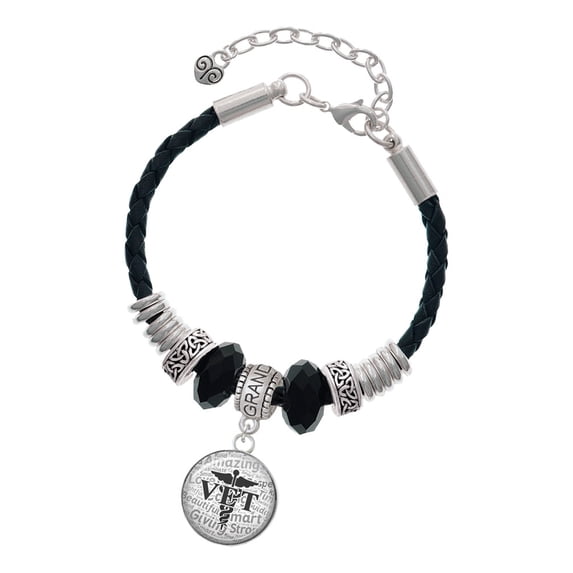 Delight Jewelry Silvertone Domed Black VET Granddaughter Celtic Knot Leather Bead Bracelet, 7"+2" Extender