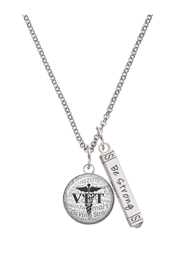 Silvertone Domed Black VET Silvertone Be Strong and Courageous Bar Charm Necklace, 23"