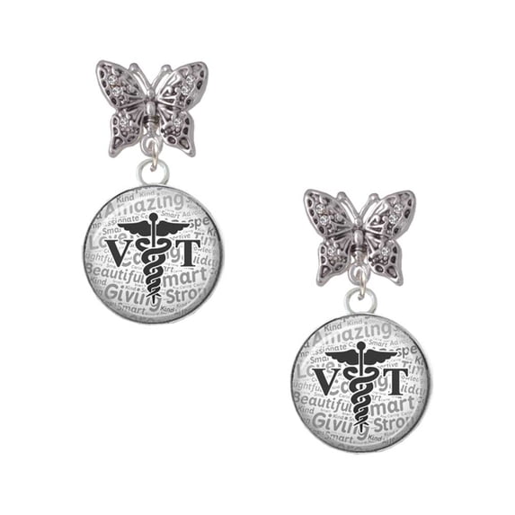 Delight Jewelry Silvertone Domed Black VT Silvertone Antiqued Butterfly Post Earrings