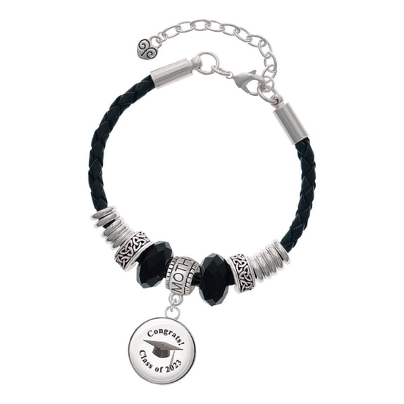 Delight Jewelry Silvertone Domed Class of 2023 Mother Celtic Knot Leather Bead Bracelet, 7"+2" Extender